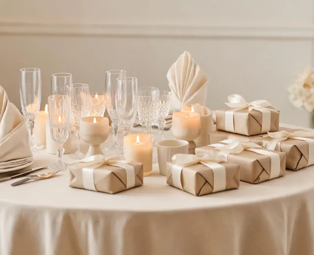 Registry table with crystal and candle gifts